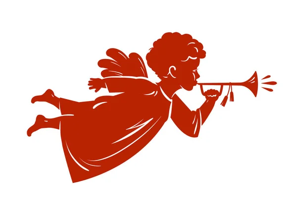 Silhouette Weihnachtsengel bläst eine Trompete. Cherub, himmlisches Boten-Symbol. Religion Vektor Illustration — Stockvektor