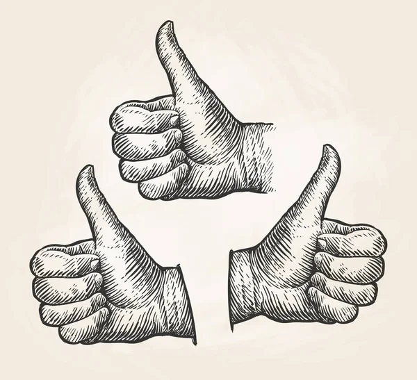 手ジェスチャーは親指を立てます。ビンテージ スケッチ ベクトル図 — ストックベクタ