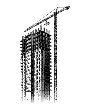 Vinç, vektör çizim ile şantiye. Bina, ev kroki elle çizilmiş