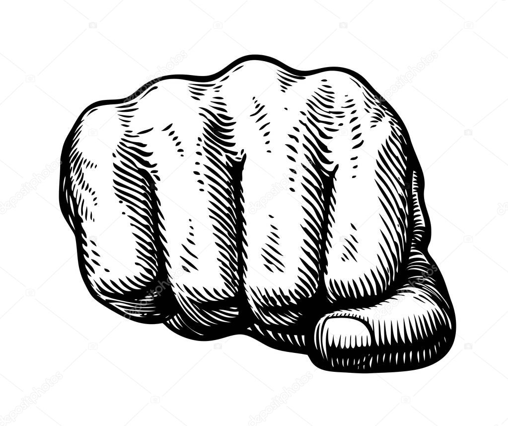 Fist, hand gesture sketch. Punch symbol. Vector illustration