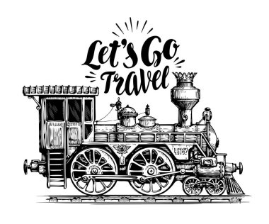 Çizilmiş vintage lokomotif el, tren, taşıma Buhar. Demiryolu altyapısı vektör çizim, eskiz