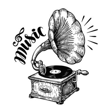 Elle çizilmiş gramofon, kroki. Müzik, Nostalji sembolü. Vintage vektör çizim