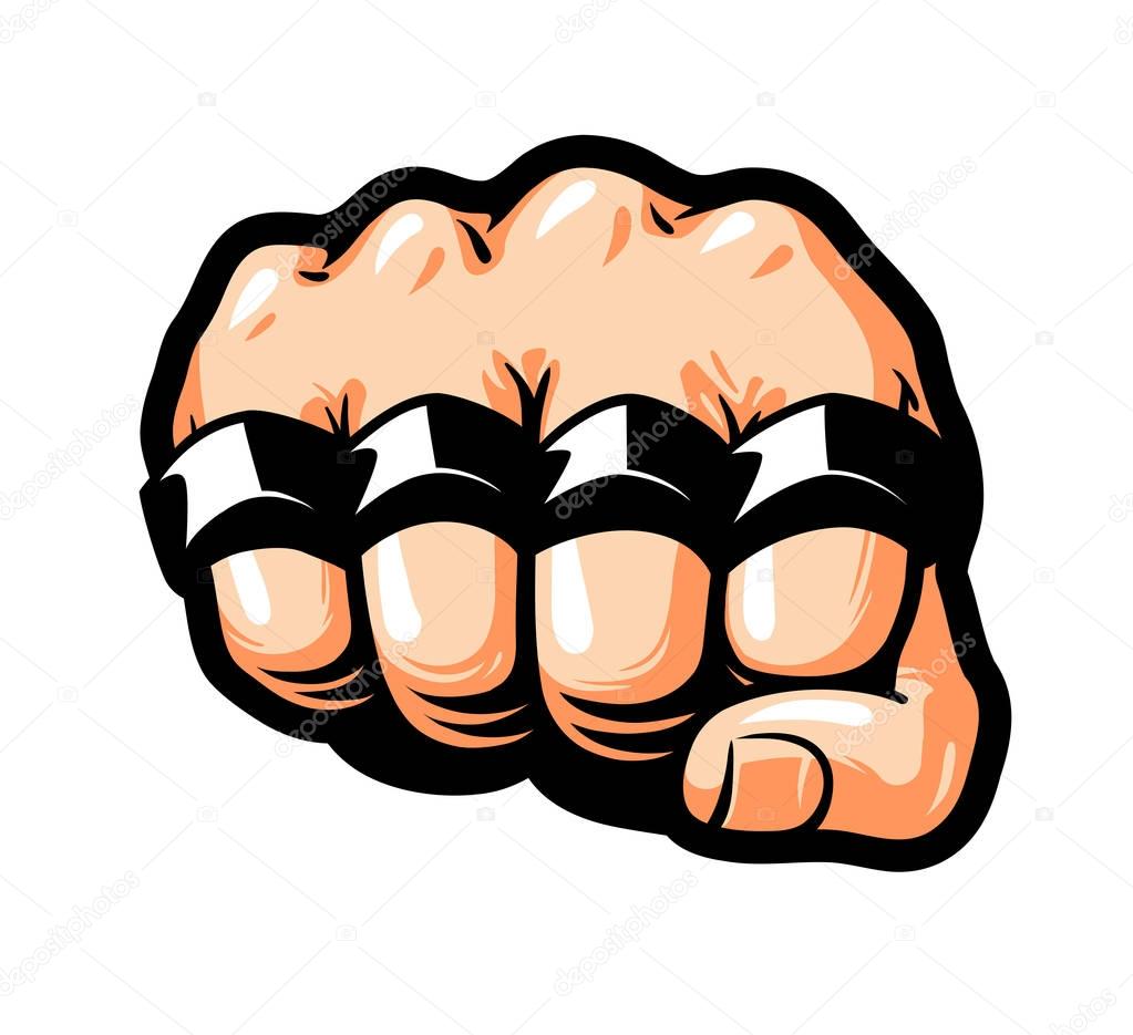 Clenched fist, brass knuckles. Gangster, thug, bandit symbol. Cartoon vector illustration