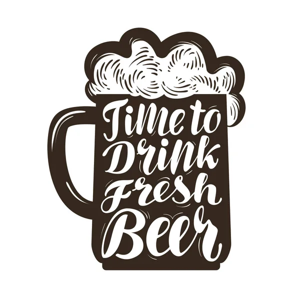 Tazza di birra, simbolo. E 'ora di bere birra fresca, scritte. Modello di menu di design per ristorante o pub, bar. Illustrazione vettoriale — Vettoriale Stock