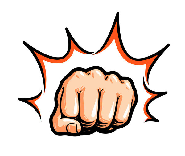 Hand, fist punching or hitting. Comic pop art, symbol. Vector illustration