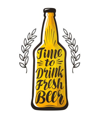 Bir şişe bira, içki, bira etiket. Yazı, hat illüstrasyon vektör. Tasarım şablonu için bar, pub ya da Restoran