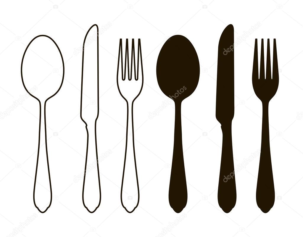 Table setting, tableware. Cutlery, set of fork, spoon and knife. Silhouette vector illustration
