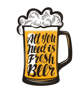 Bira, bira, bira sembolü kupa. Tek ihtiyacınız olan bira, yazı. Restoran veya pub, bar için şablon menü tasarımı. Vektör çizim