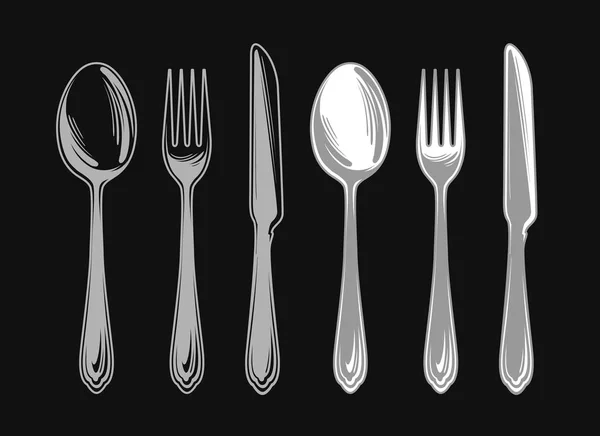 フォーク、スプーン、ナイフのセットです。カトラリー食器。デザイン メニューのレストランやカフェ、食堂の要素。ベクトル図 — ストックベクタ