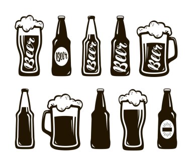 Bir bardak bira, bira, bira. Kupa, şişe simgeler kümesi. Oktoberfest, Restoran, pub, bar sembolü. Vektör çizim