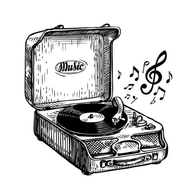 Vintage pikap. Pikap vinil kaydı. Müzik, şarkı sembolü. Çizilmiş kroki vektör çizim