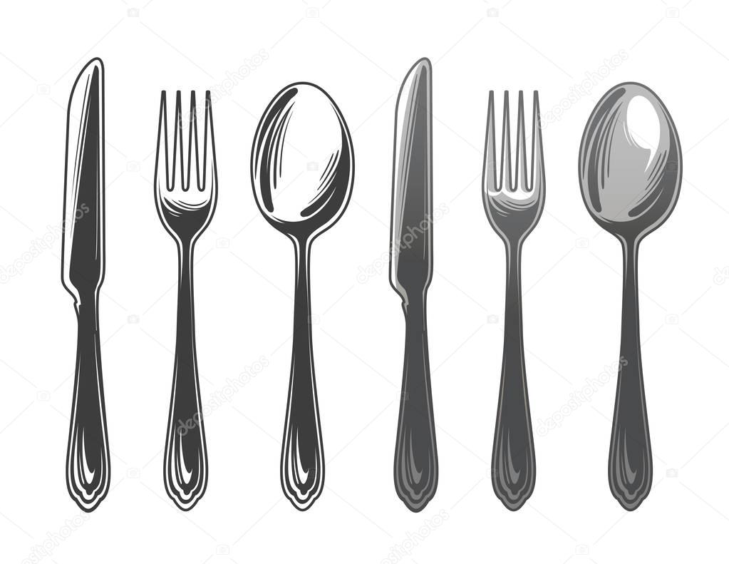 Cutlery set spoon, fork and knife. Tableware, top view. Vector illustration