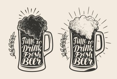 Cam, kupa köpük ile bira. Bira fabrikası, içki, bira sembolü. Yazı, hat illüstrasyon vektör