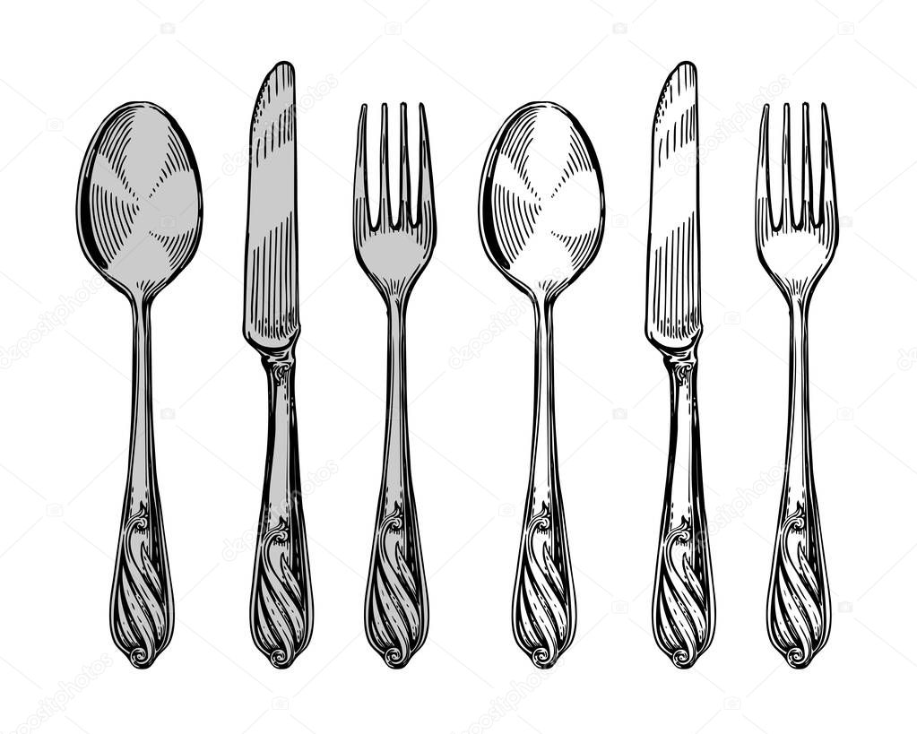 Hand-drawn tableware, view top. Silver cutlery such as knife, spoon, fork. Sketch vector illustration
