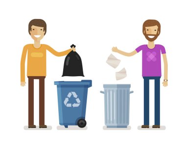 Human, man throws rubbish in garbage bin. Volunteering people, ecology, environment concept. Flat characters vector illustration clipart