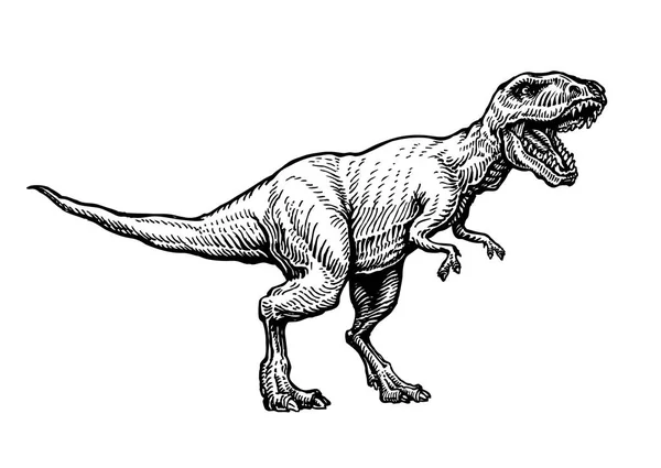 Boos tyrannosaurus rex met open grote mond, schets. Handgetekende vleesetende dinosaurus. Dierlijke vectorillustratie — Stockvector