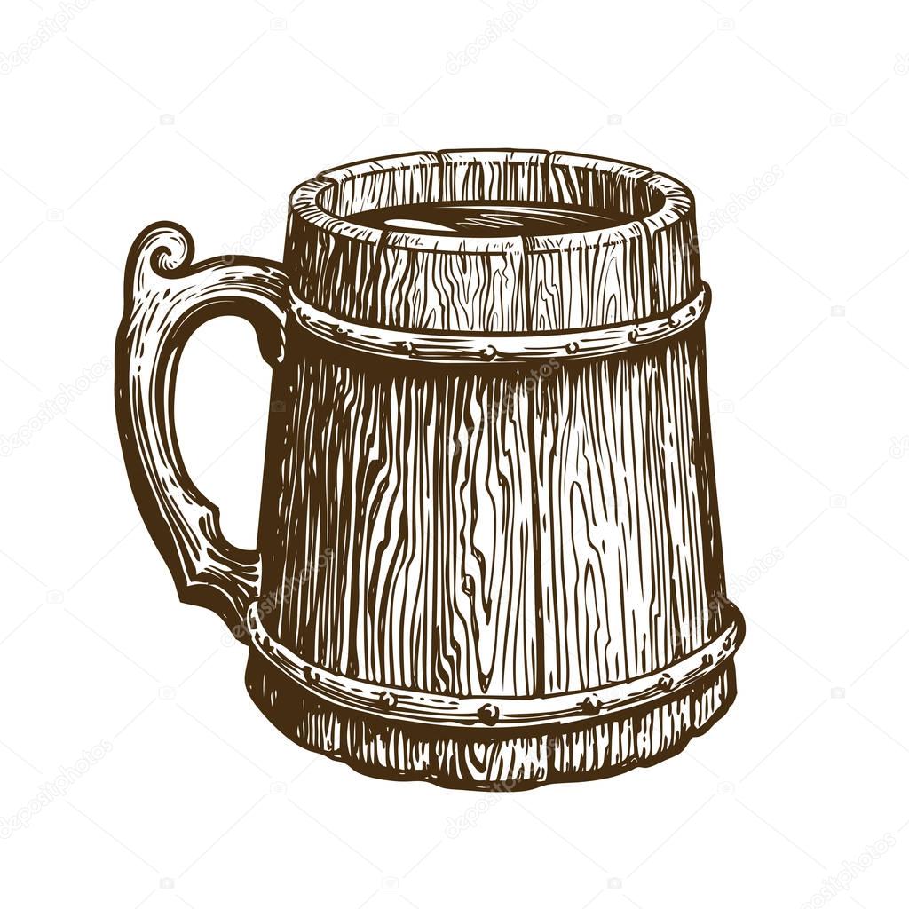 Hand-drawn vintage wooden mug of craft beer. Ale, brew, drink symbol. Sketch vector illustration