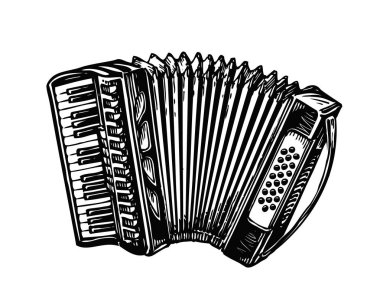 Vintage akordeon, bayan çizilmiş. Müzik enstrümanı, chanson, melodi sembolü. Sketch vektör çizim