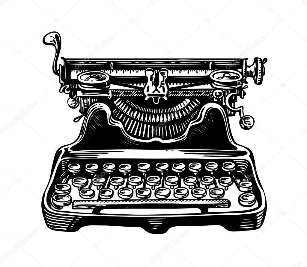 Hand-drawn vintage typewriter, writing machine. Publishing, journalism symbol. Sketch vector illustration
