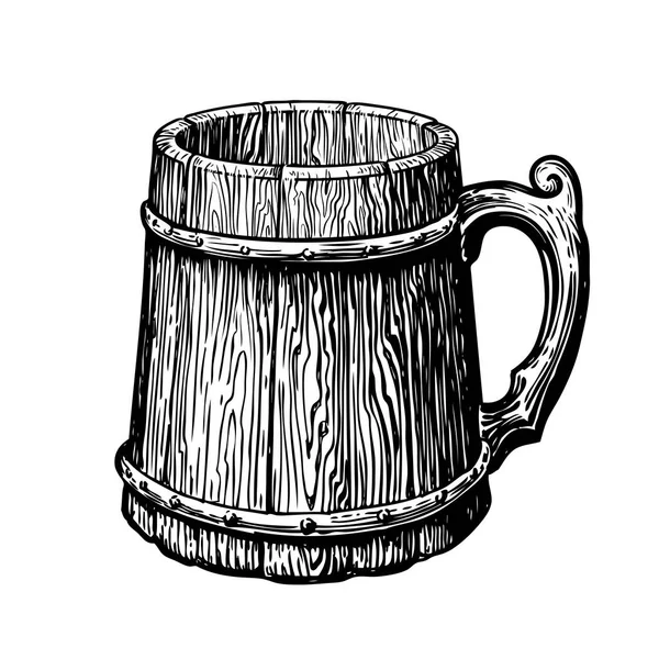 Taza de madera vacía vintage dibujada a mano. Dibujo vector ilustración — Archivo Imágenes Vectoriales