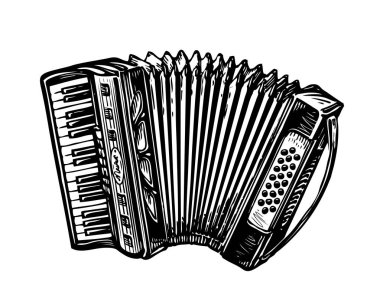 Vintage akordeon, bayan çizilmiş. Müzik enstrümanı, chanson, melodi sembolü. Sketch vektör çizim