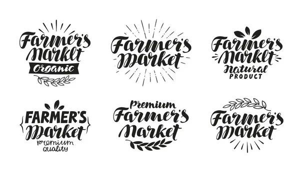 Marché fermier, label. Ferme, agriculture, symbole de l'agriculture. Lettrage, calligraphie illustration vectorielle — Image vectorielle