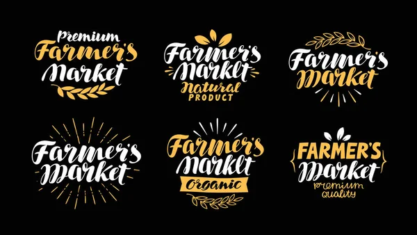 Gård eller jordbruk etikett. Bondens marknad, handskriven inskription. Kalligrafi bokstäver, och vektor illustration — Stock vektor