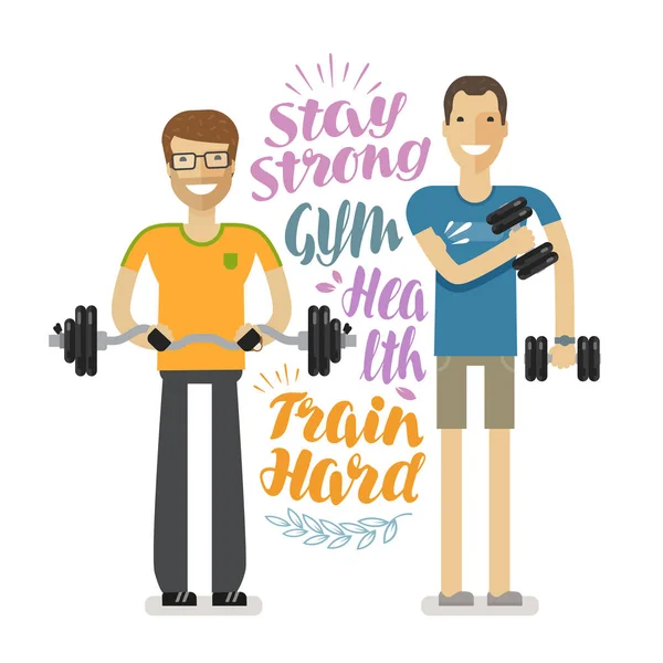 Gente in palestra. Sport, concetto di bodybuilding, cartone animato. Illustrazione vettoriale disegnata in stile piatto — Vettoriale Stock