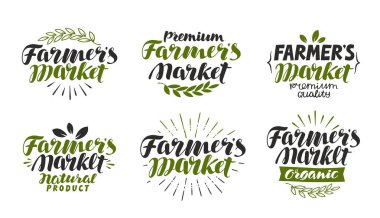 Farmer's market, etiket. Çiftlik, tarım, doğal ya da organik ürün simgesi. Yazı, hat illüstrasyon vektör