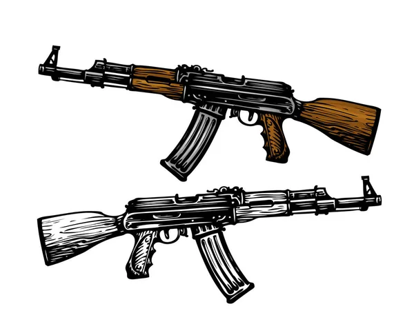 Wapens, symbool van de bewapening. Automatische machine Ak 47. Kalashnikov assault rifle, schets. Vectorillustratie — Stockvector