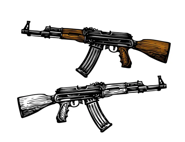 Arme, symbole de l'armement. Machine automatique AK 47. Kalachnikov fusil d'assaut, croquis. Illustration vectorielle — Image vectorielle