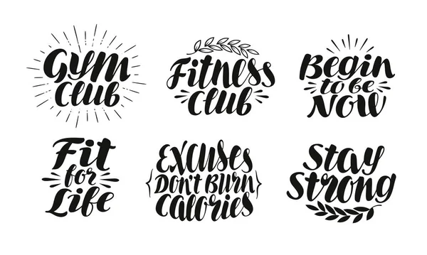 Fitness, sport, gym etikett, identitet. Motivation-konceptet, symbol. Kalligrafi bokstäver, och vektor illustration — Stock vektor