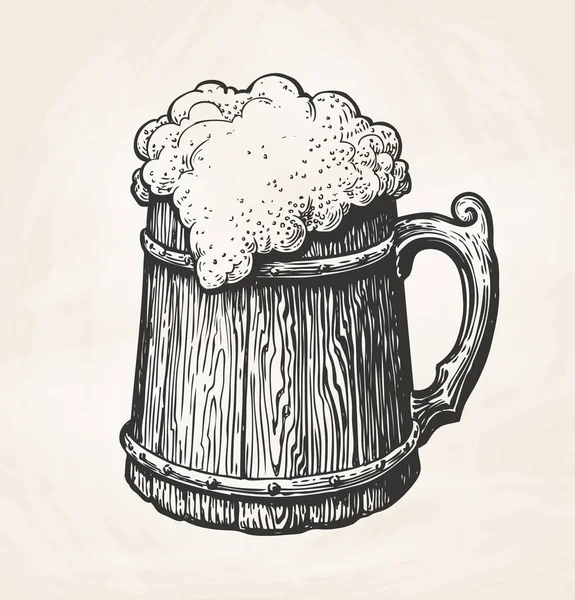 Taza de madera vintage dibujada a mano con espuma, boceto. Bebida, cerveza, símbolo de la cerveza. Ilustración vectorial para bar de menús de diseño, pub o restaurante — Archivo Imágenes Vectoriales