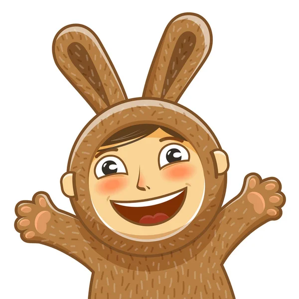 Счастливый ребенок в костюме кролика. Банни, мультик про зайца. Векторная иллюстрация — стоковый вектор