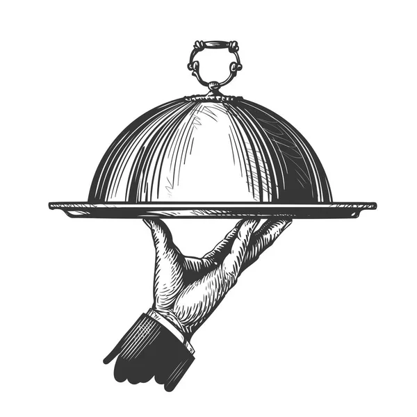 Bandeja de mão de garçom desenhada à mão para pratos quentes. Ilustração para restaurante de menu de design ou café. Vetor de esboço — Vetor de Stock