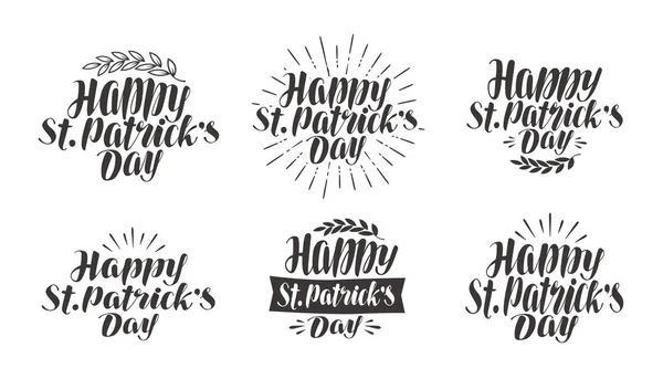 Happy St. Patricks Day, Grußkarte. Urlaubssymbole, Etikettenset. Schriftzug, Kalligrafie-Vektorillustration — Stockvektor