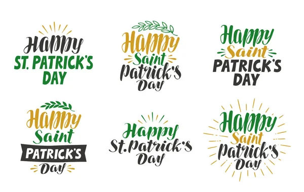 Happy Saint Patrick 's Day, Grußkarte. Bierfest, Etikettenset. Schriftzug, Kalligrafie-Vektorillustration — Stockvektor
