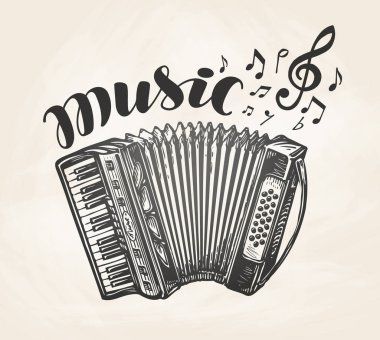 Hand drawn classic accordion. Vintage musical instrument. Music symbol, vector illustration