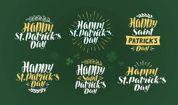 Happy St. Patrick's day, label set. Irish holiday, beer festival. Lettering vector illustration — Stock Vector