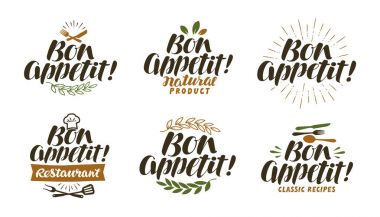 Bon appetit, lettering. Food label set. Vector illustration