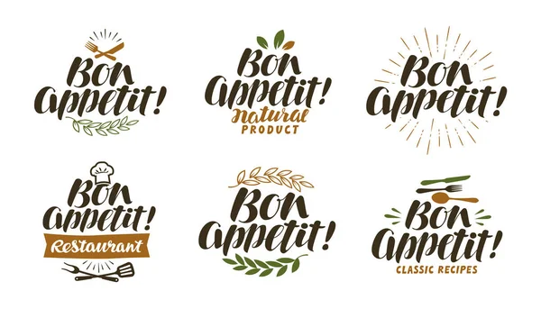 Bon appetit, lettering. Set de etiquetas de alimentos. Ilustración vectorial — Archivo Imágenes Vectoriales
