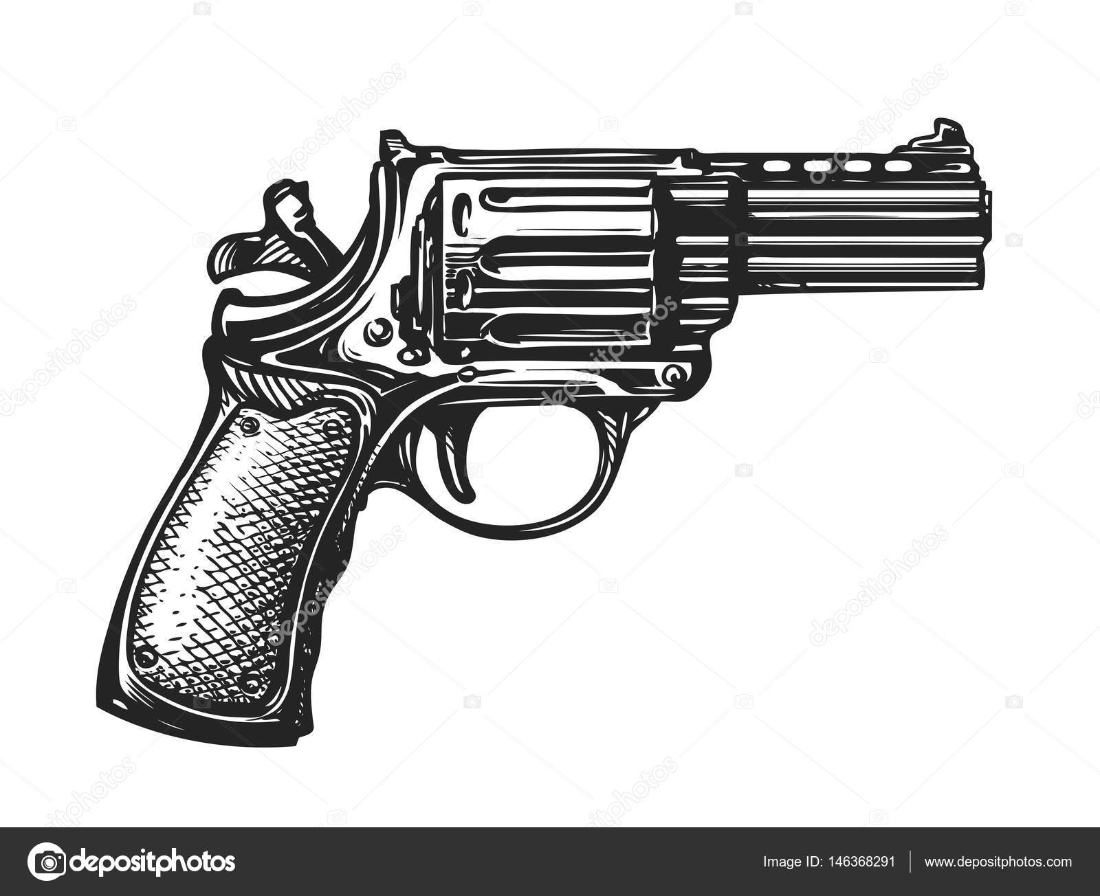 Hand drawn revolver gun. Firearm, pistol sketch. Vintage vector