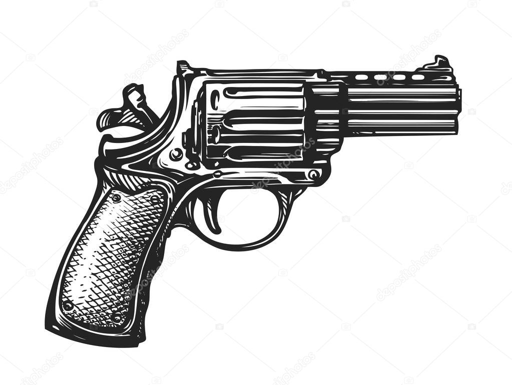 Hand drawn revolver gun. Firearm, pistol sketch. Vintage vector illustration