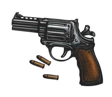 Pistol, revolver gun and ammo, sketch. Vintage vector illustration clipart