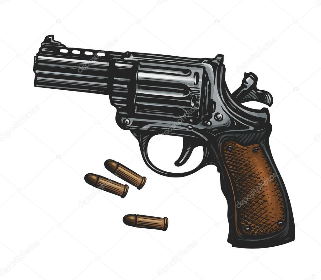 Pistol, revolver gun and ammo, sketch. Vintage vector illustration