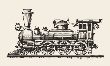 Vintage lokomotif. Retro tren çizilmiş. Kroki, vektör çizim
