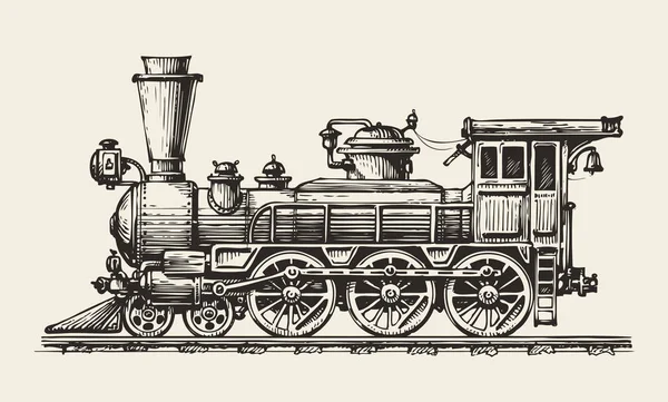 Вінтажний локомотив. Ручний ретро потяг. Ескіз, векторна ілюстрація — стоковий вектор