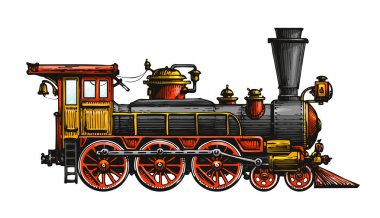 Vintage buharlı lokomotif. Eski tren, taşıma çizilmiş. Vektör çizim