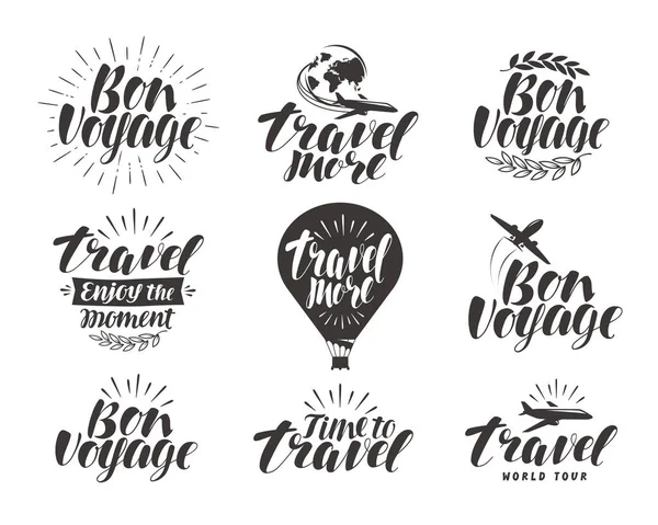 Travel, label set. Journey symbol or icon. Beautiful handwritten lettering vector illustration — Stock Vector