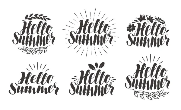 Olá Summer, letras. Conjunto de etiquetas, caligrafia. Ilustração vetorial — Vetor de Stock